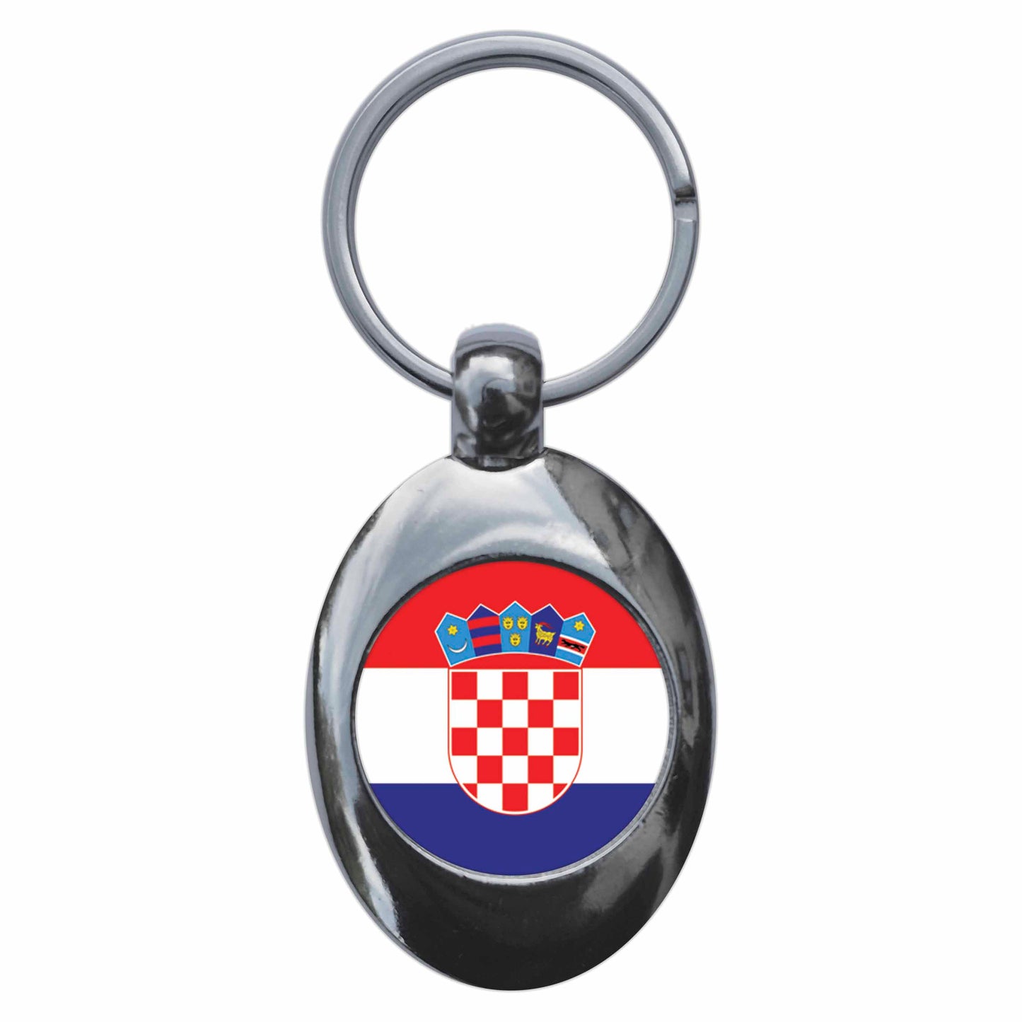 A picture of the front of the product, titled Croatia Croatian Croat National Flag Metal Keyring With Trolley Coin