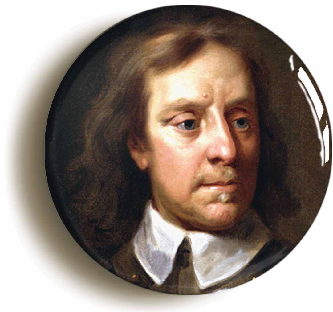 A picture of the front of the product, titled Oliver Cromwell English Civil War Button Pin Badge