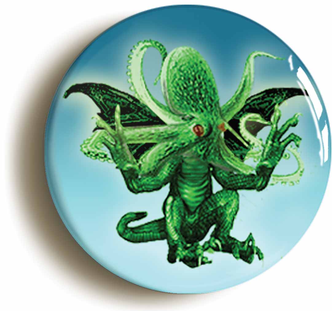 A picture of the front of the product, titled Cthulhu HP Lovecraft Horror Button Pin Badge