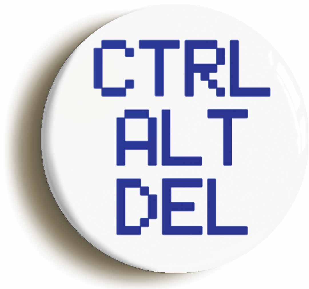 A picture of the front of the product, titled Ctrl Alt Del Nineties Geek Computer Button Pin Badge