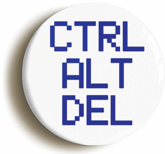 A picture of the front of the product, titled Ctrl Alt Del Nineties Geek Computer Button Pin Badge