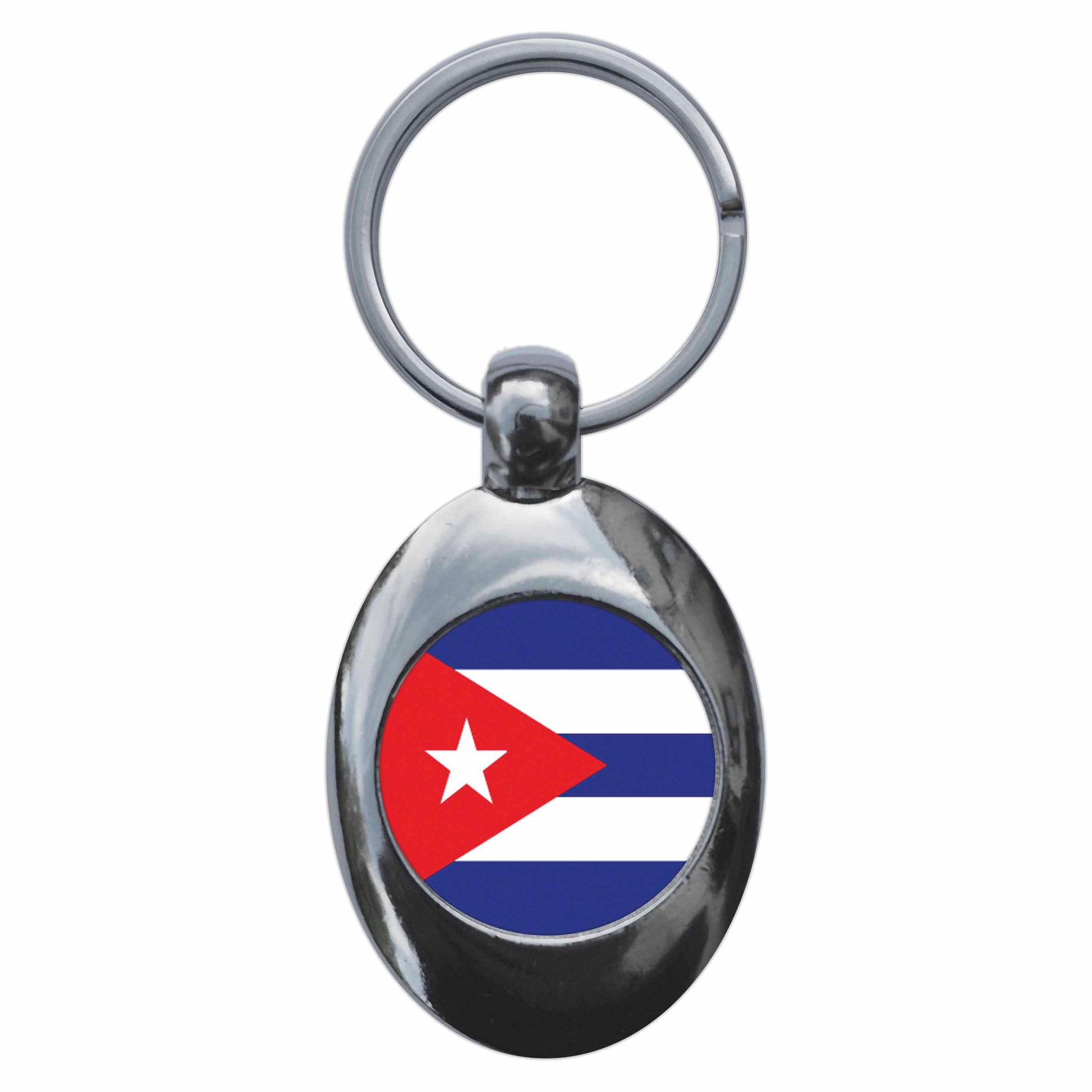 A picture of the front of the product, titled Cuba Cuban National Flag Metal Keyring With Trolley Coin