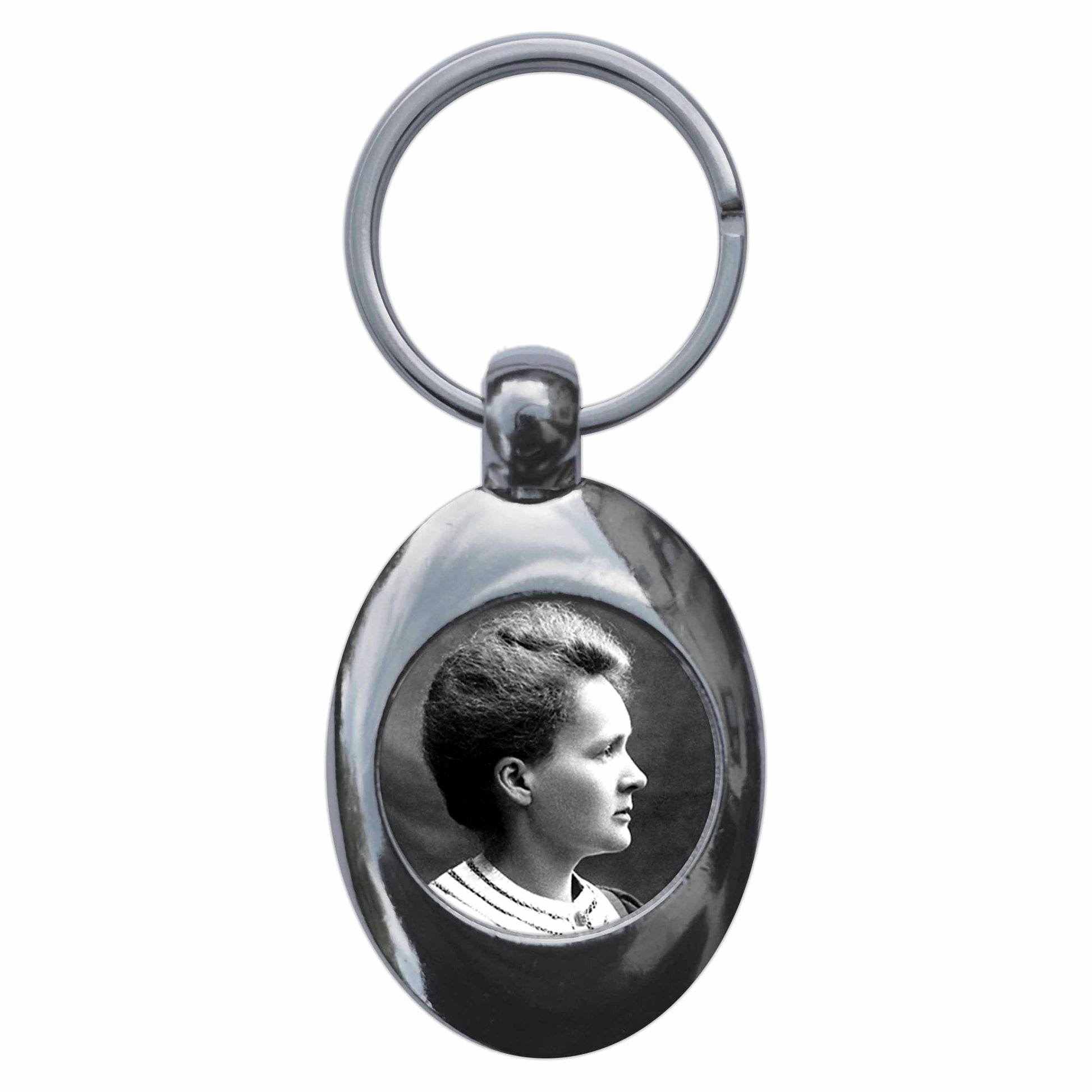 A picture of the front of the product, titled Scientist Marie Curie Metal Keyring With Trolley Coin
