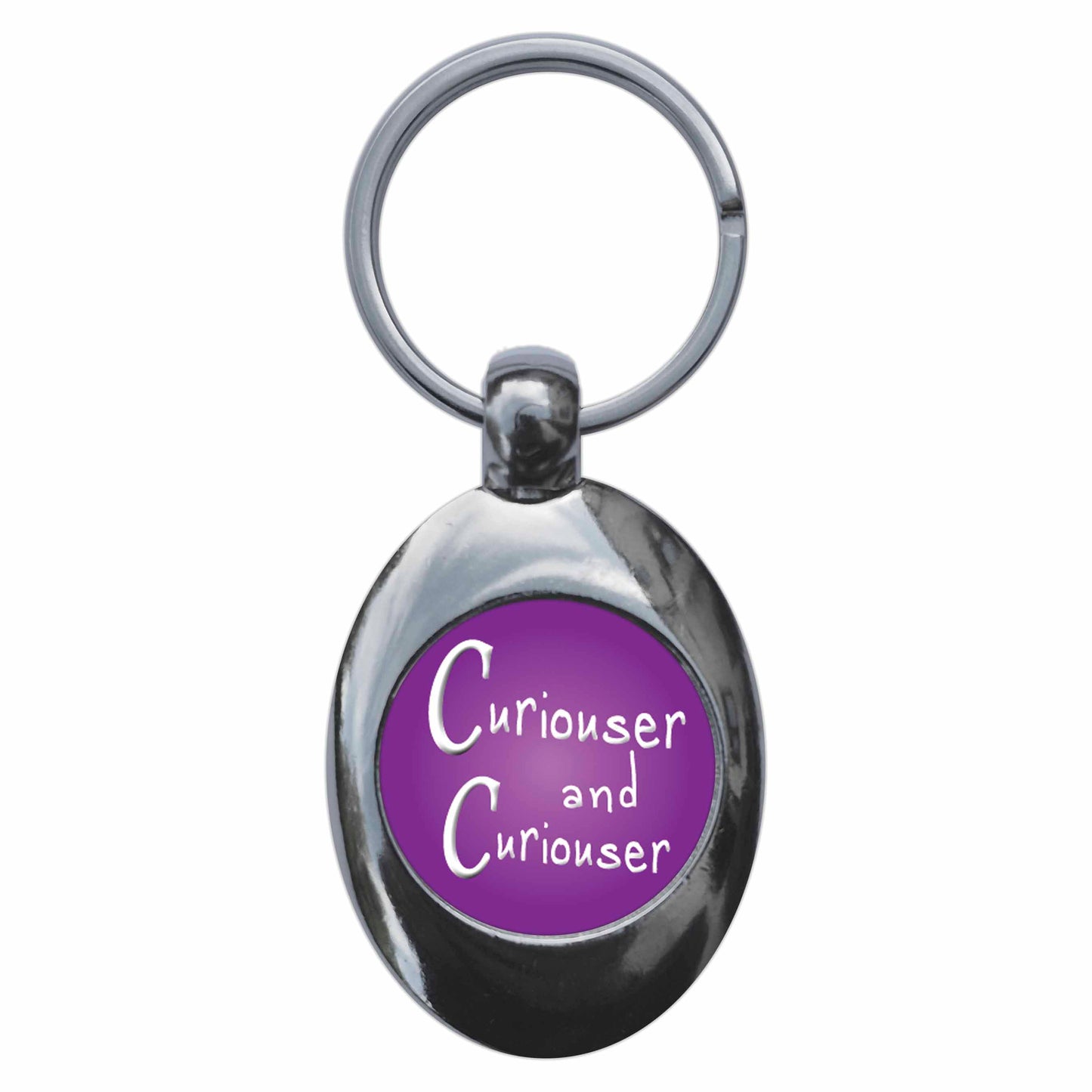 A picture of the front of the product, titled Curiouser And Curiouser Alice In Wonderland Metal Keyring With Trolley Coin