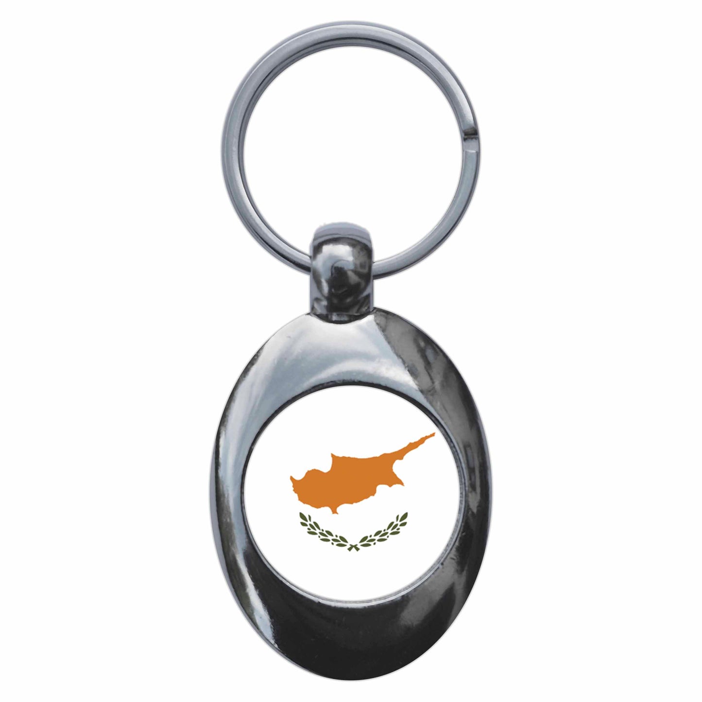 A picture of the front of the product, titled Cyprus Cypriot National Flag Metal Keyring With Trolley Coin