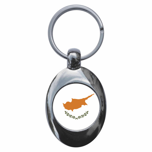 A picture of the front of the product, titled Cyprus Cypriot National Flag Metal Keyring With Trolley Coin