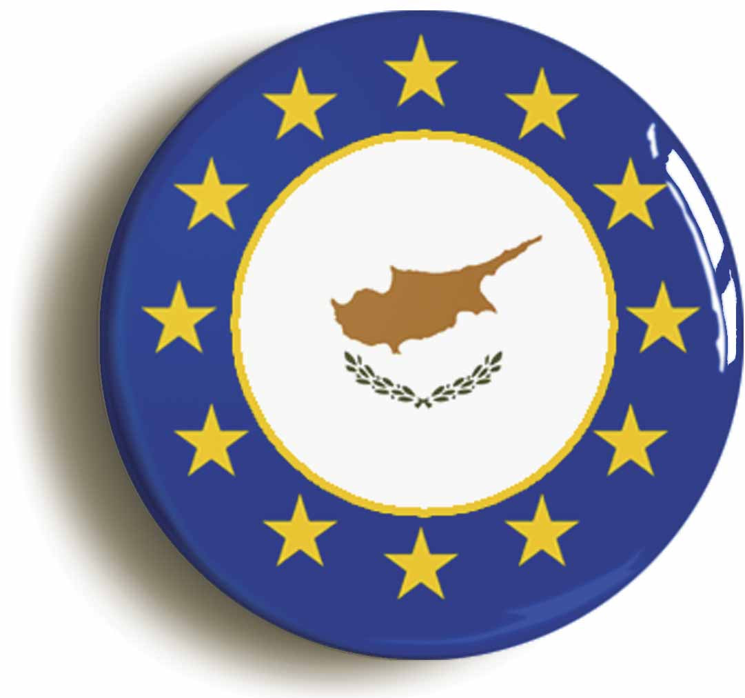 A picture of the front of the product, titled Cyprus European Union Split Flag Button Pin Badge
