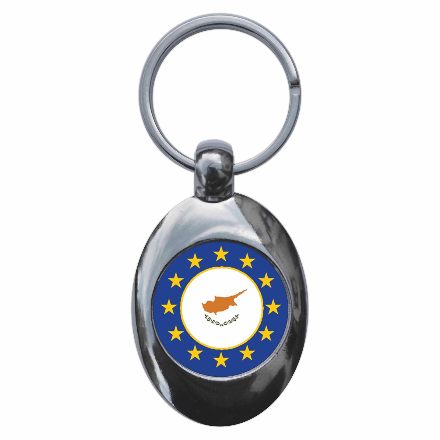 A picture of the front of the product, titled Cyprus European Union Split Flag Metal Keyring With Trolley Coin