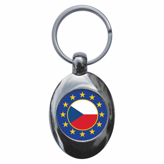 A picture of the front of the product, titled Czechia European Union Split Flag Metal Keyring With Trolley Coin