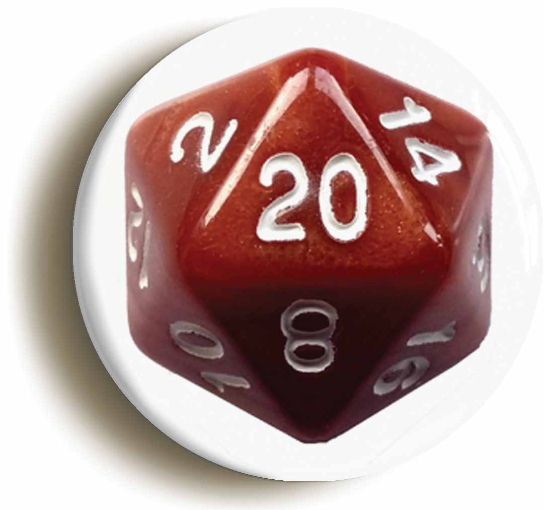 A picture of the front of the product, titled Role Play Game D20 Button Pin Badge