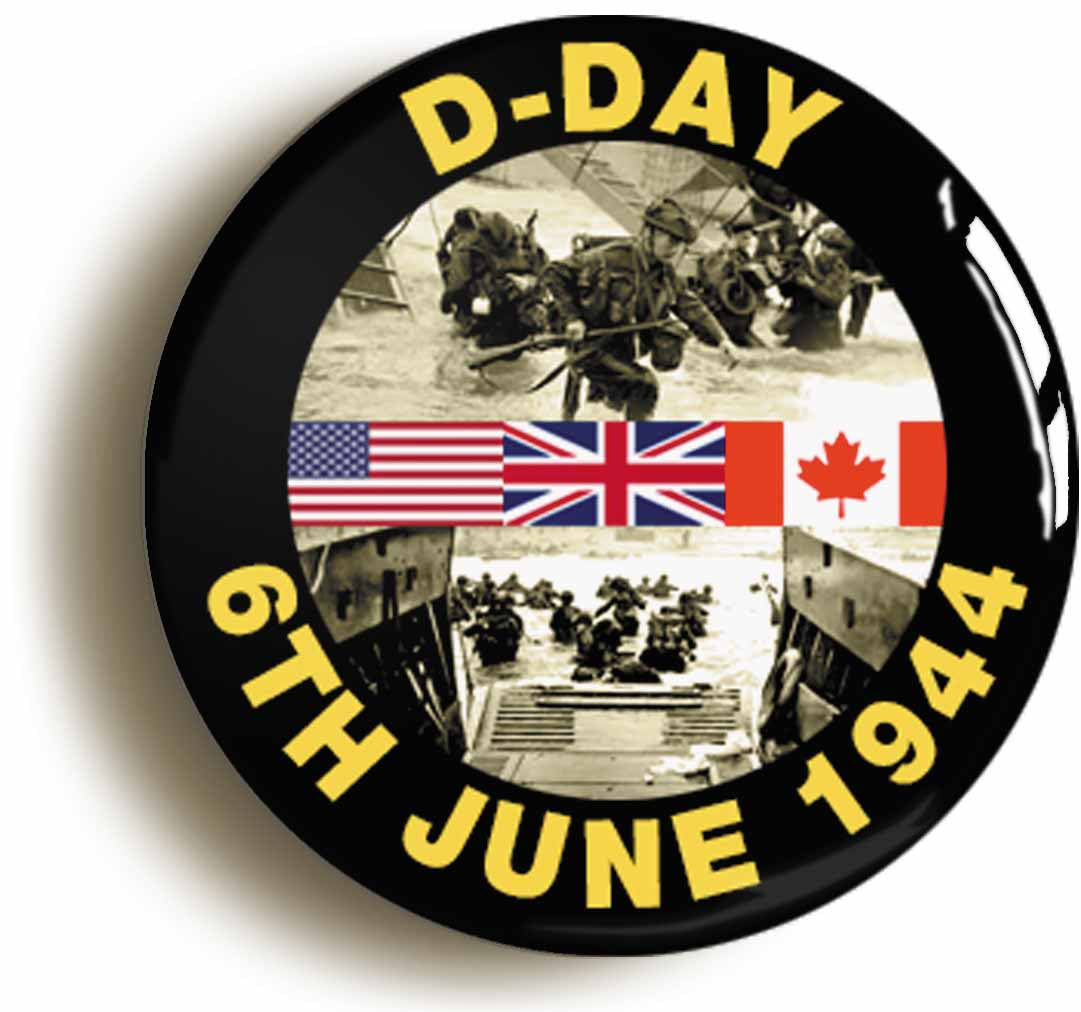 A picture of the front of the product, titled D Day Landings 1944 World War Two Button Pin Badge