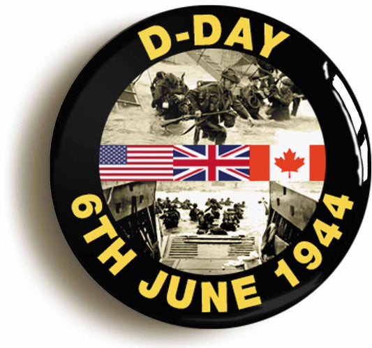 A picture of the front of the product, titled D Day Landings 1944 World War Two Button Pin Badge