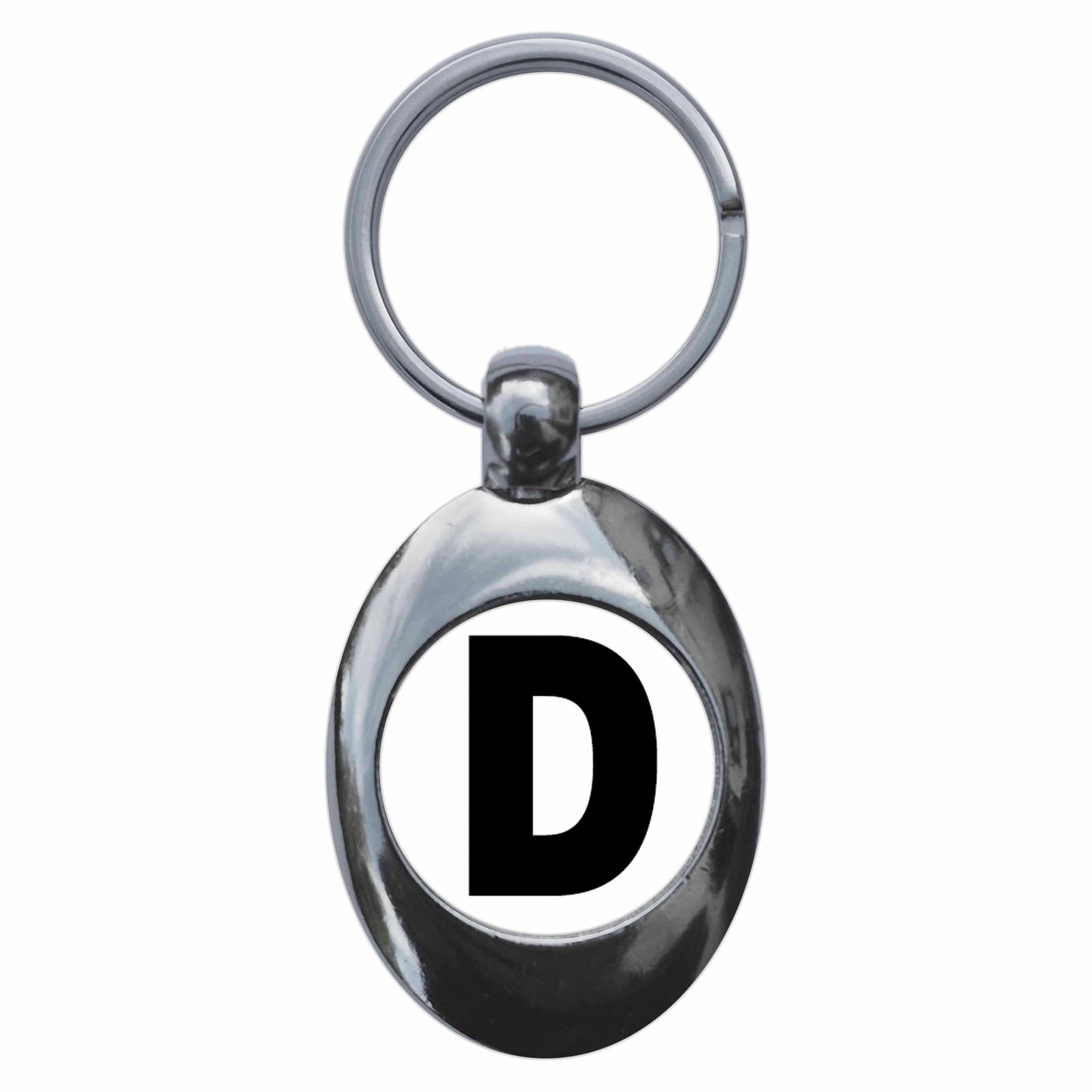 A picture of the front of the product, titled Letter D Metal Keyring With Trolley Coin