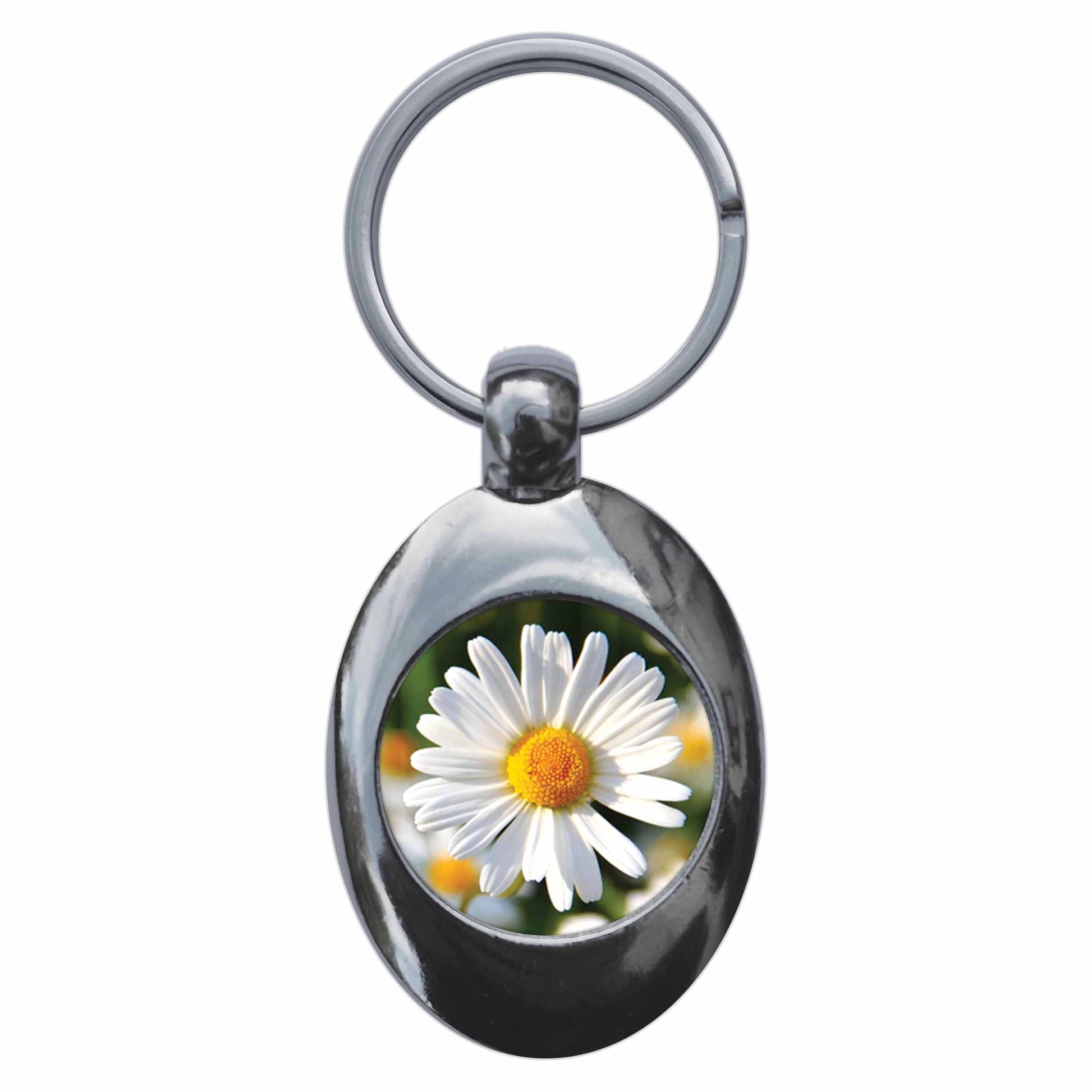 A picture of the front of the product, titled Daisy Flower Metal Keyring With Trolley Coin