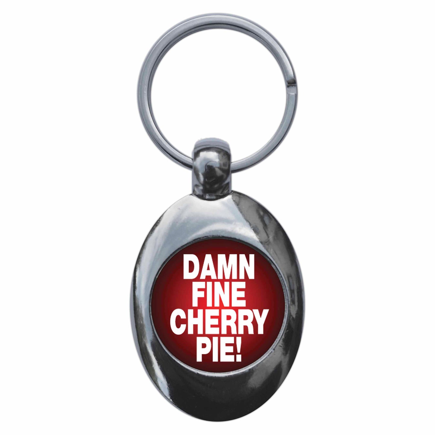 A picture of the front of the product, titled Damn Fine Cherry Pie Metal Keyring With Trolley Coin