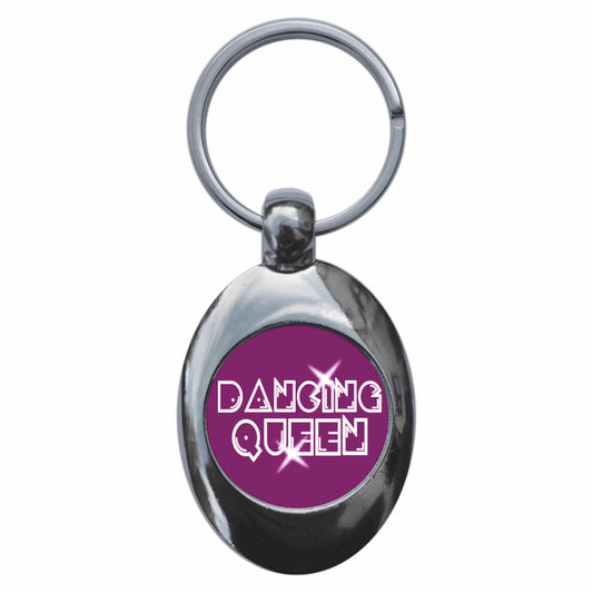 A picture of the front of the product, titled Dancing Queen Metal Keyring With Trolley Coin