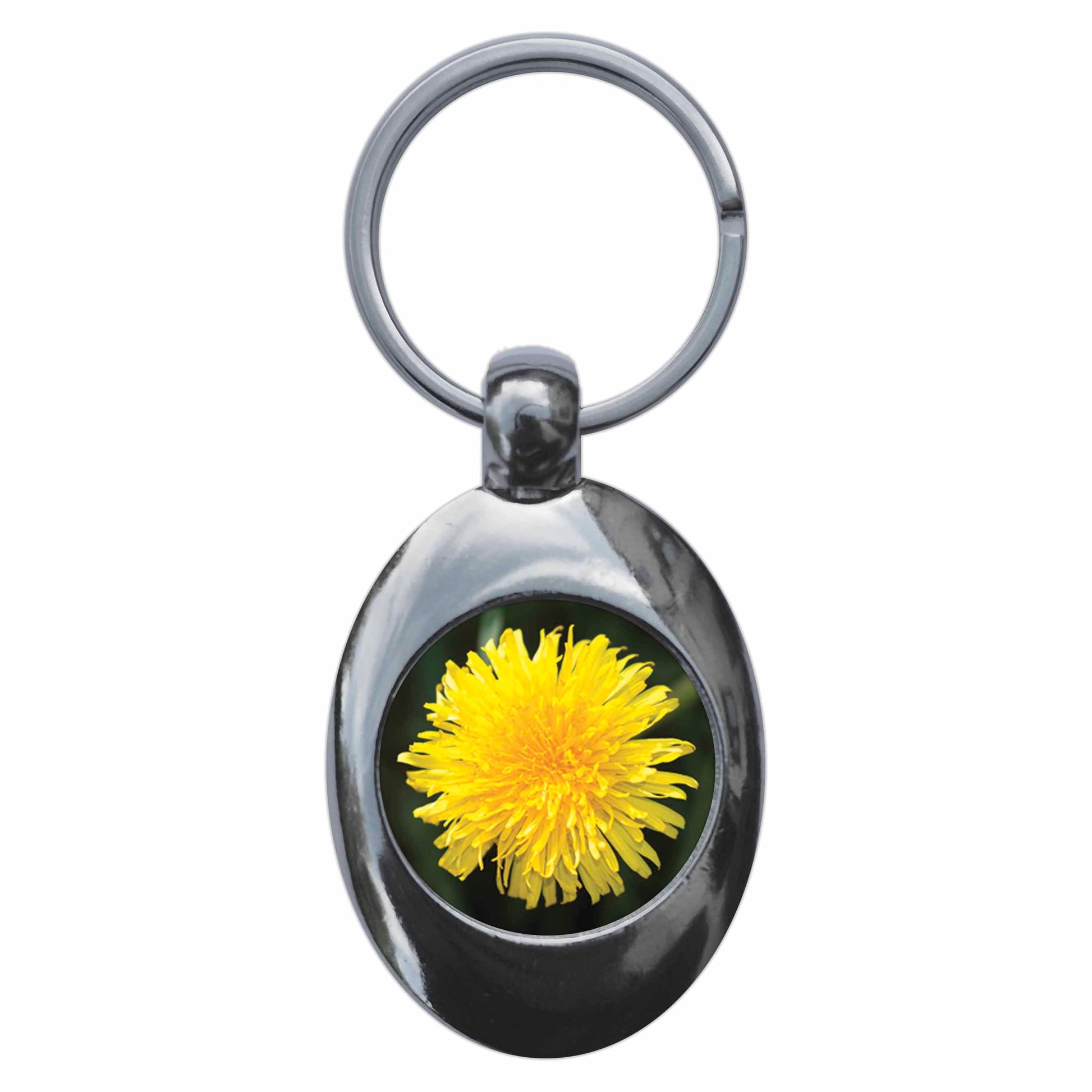 A picture of the front of the product, titled Dandelion Flower Metal Keyring With Trolley Coin