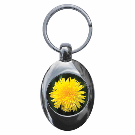 A picture of the front of the product, titled Dandelion Flower Metal Keyring With Trolley Coin
