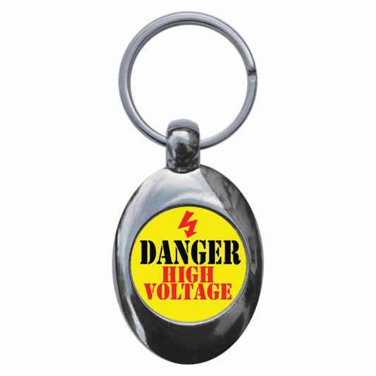 A picture of the front of the product, titled Danger High Voltage Metal Keyring With Trolley Coin