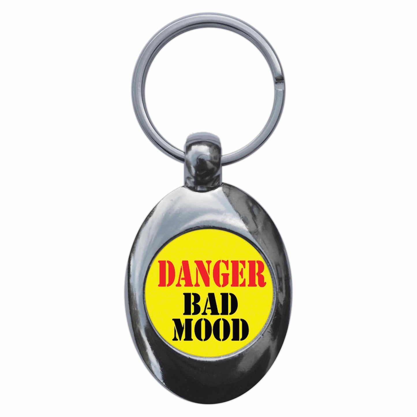A picture of the front of the product, titled Danger Bad Mood Metal Keyring With Trolley Coin