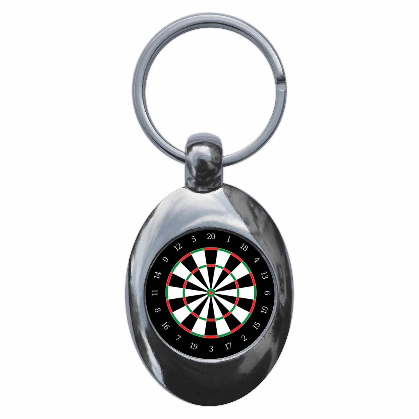 A picture of the front of the product, titled Dart Board Metal Keyring With Trolley Coin