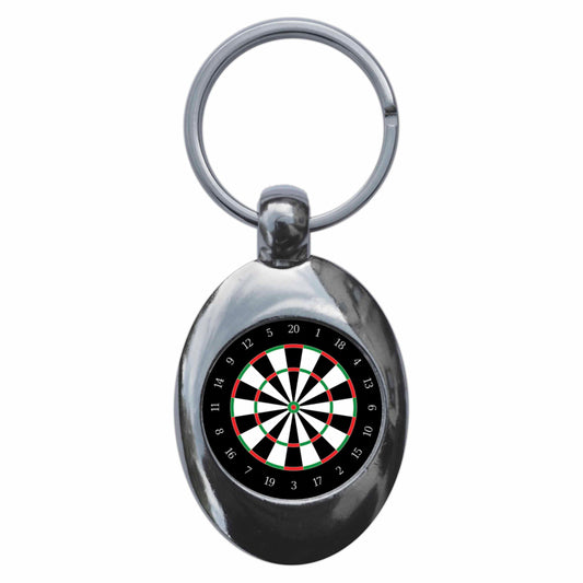 A picture of the front of the product, titled Dart Board Metal Keyring With Trolley Coin