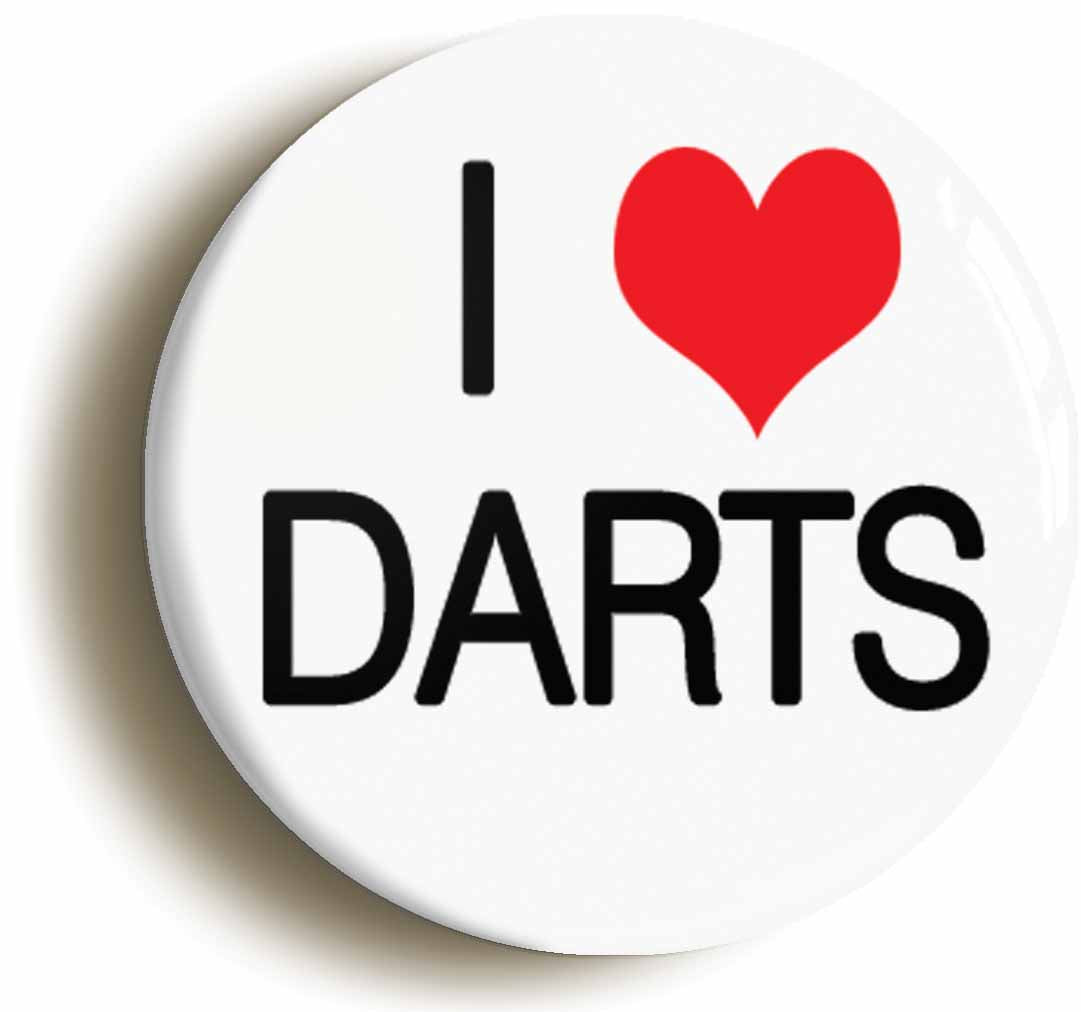 A picture of the front of the product, titled I Heart Love Darts Darts Gift Button Pin Badge