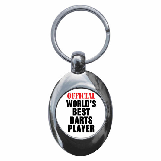A picture of the front of the product, titled Official World's Best Darts Player Metal Keyring With Trolley Coin