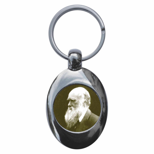 A picture of the front of the product, titled Scientist Charles Darwin Metal Keyring With Trolley Coin