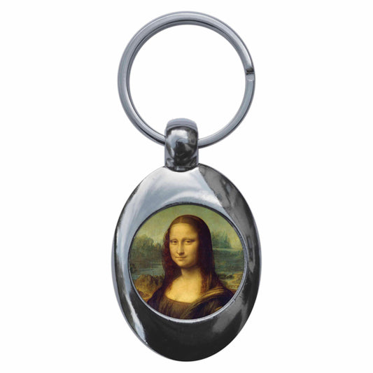 A picture of the front of the product, titled Mona Lisa Metal Keyring With Trolley Coin