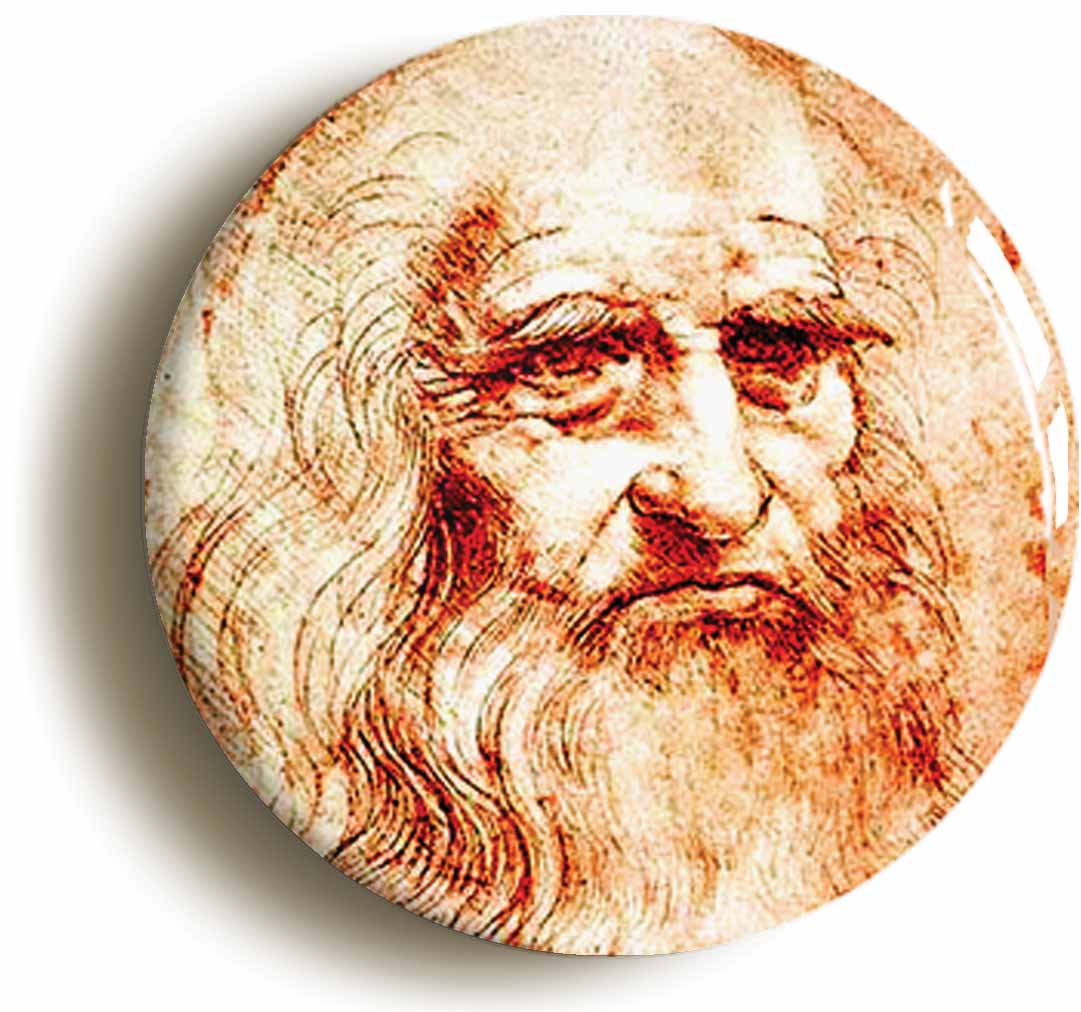 A picture of the front of the product, titled Leonardo Da Vinci Self Portrait Button Pin Badge