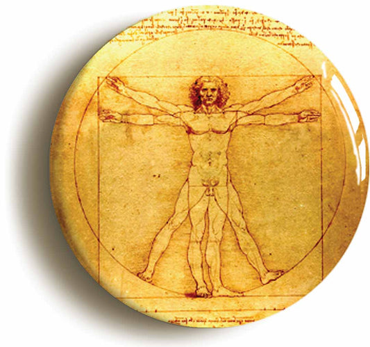 A picture of the front of the product, titled Leonardo Da Vinci Vitruvian Man Button Pin Badge
