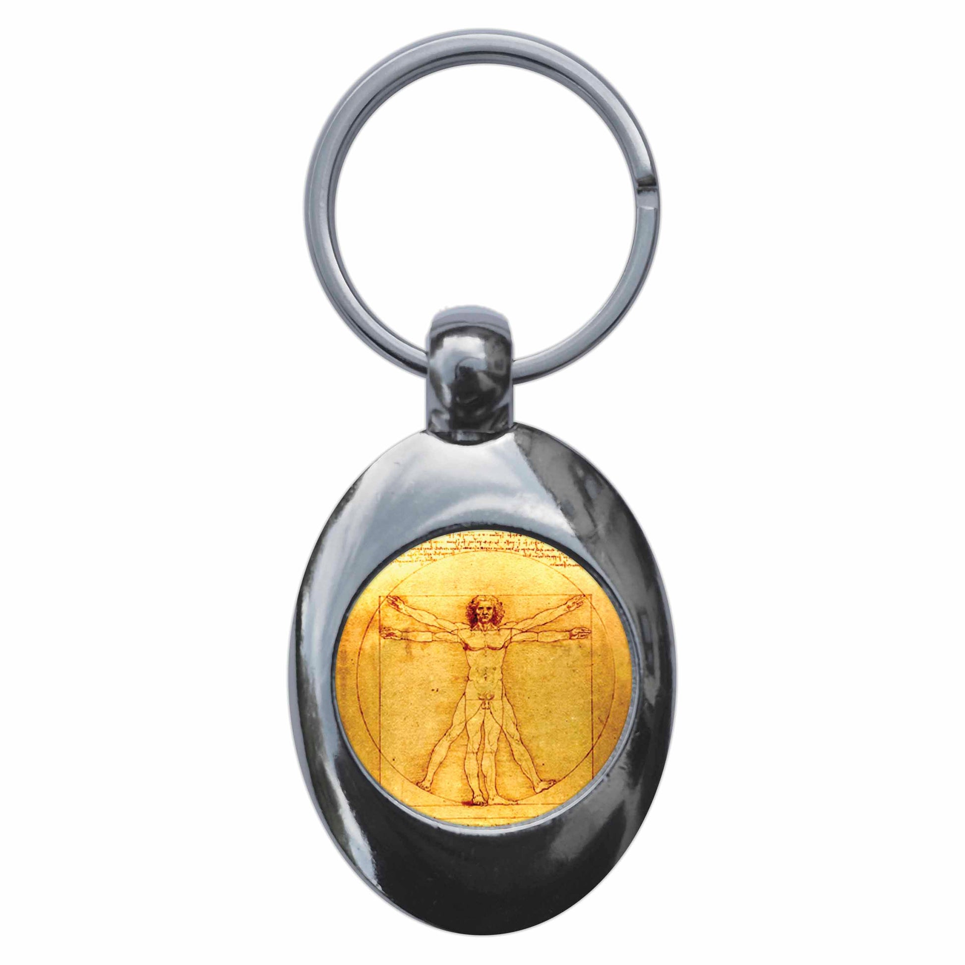 A picture of the front of the product, titled Leonardo Da Vinci Vitruvian Man Metal Keyring With Trolley Coin