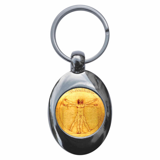 A picture of the front of the product, titled Leonardo Da Vinci Vitruvian Man Metal Keyring With Trolley Coin