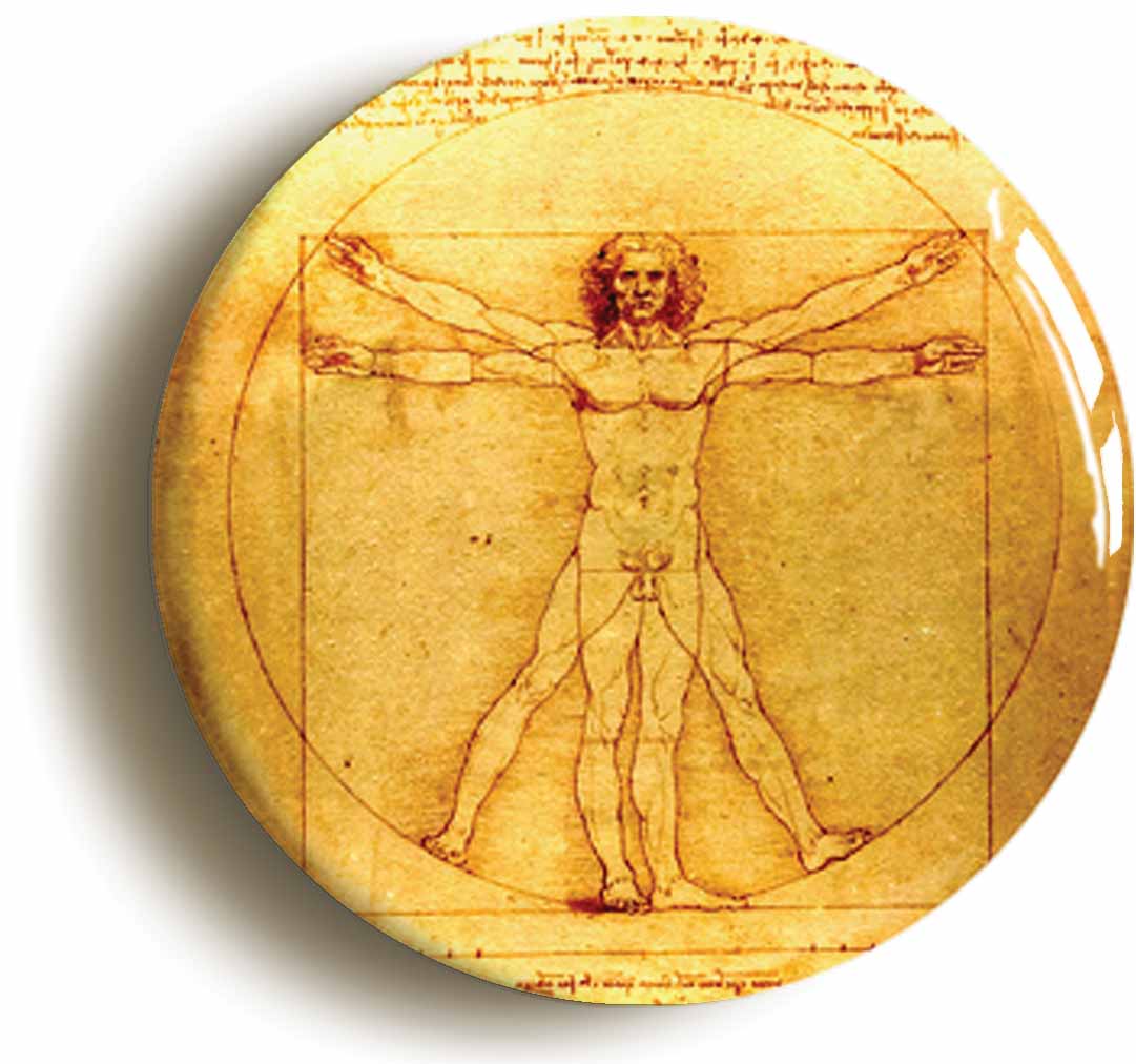 A picture of the front of the product, titled Leonardo Da Vinci Vitruvian Man Circular 50mm Fridge Magnet