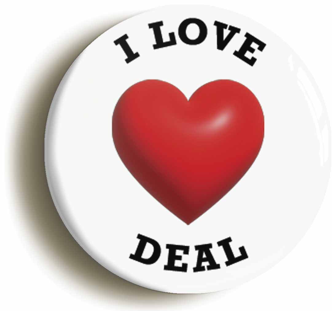 A picture of the front of the product, titled I Heart Love Deal Location Button Pin Badge