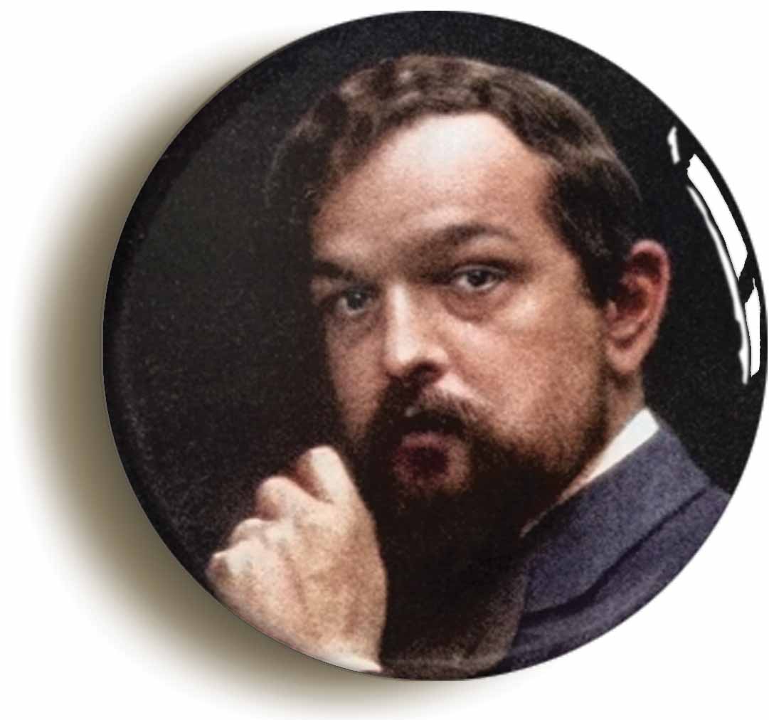 A picture of the front of the product, titled Claude Debussy Classical Music Button Pin Badge