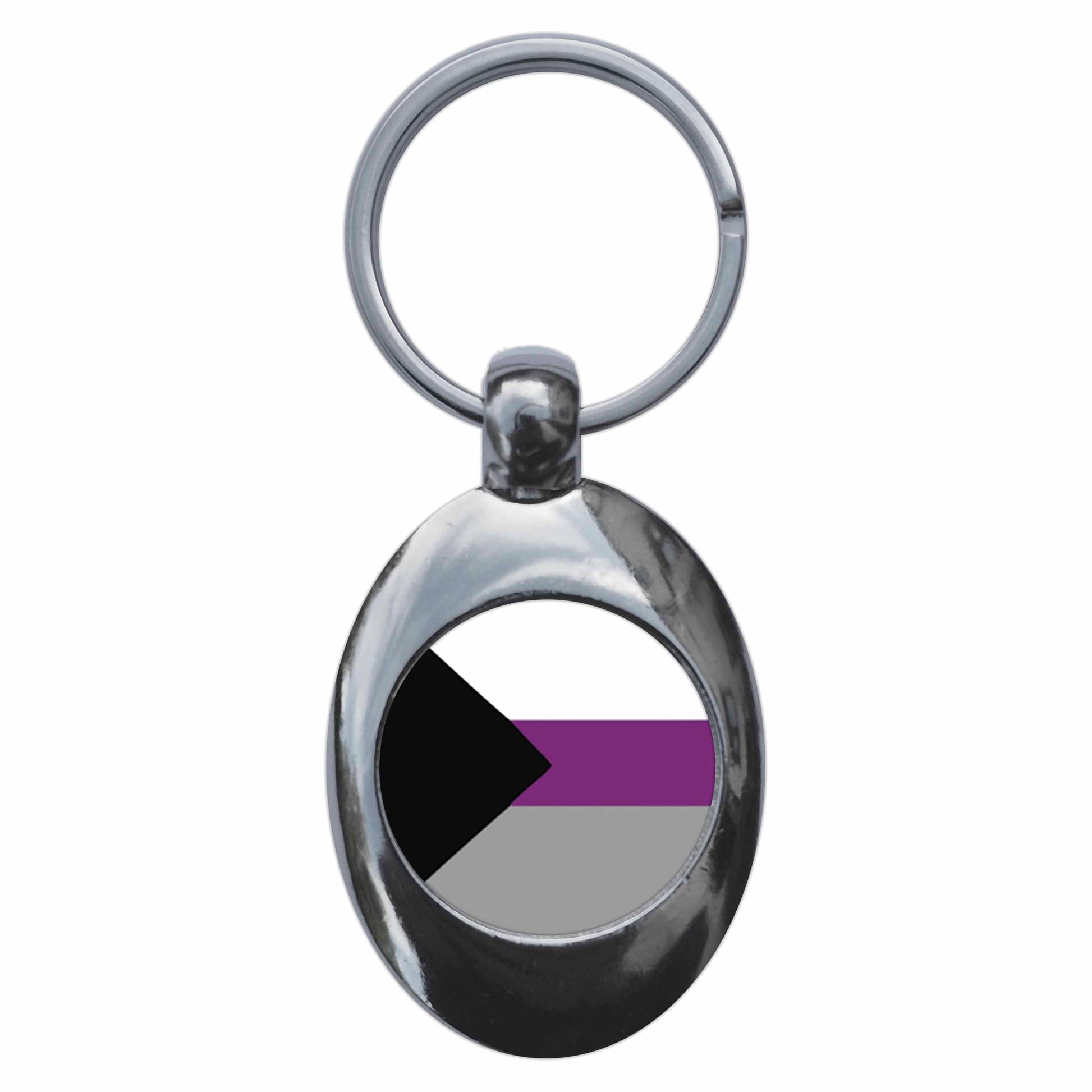A picture of the front of the product, titled Demisexual Pride Flag Metal Keyring With Trolley Coin