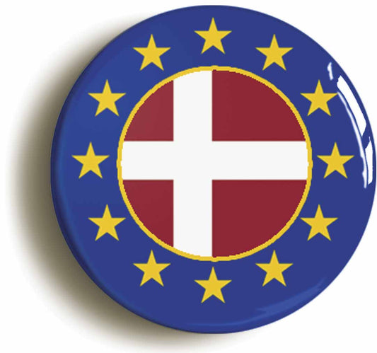 A picture of the front of the product, titled Denmark European Union Split Flag Button Pin Badge