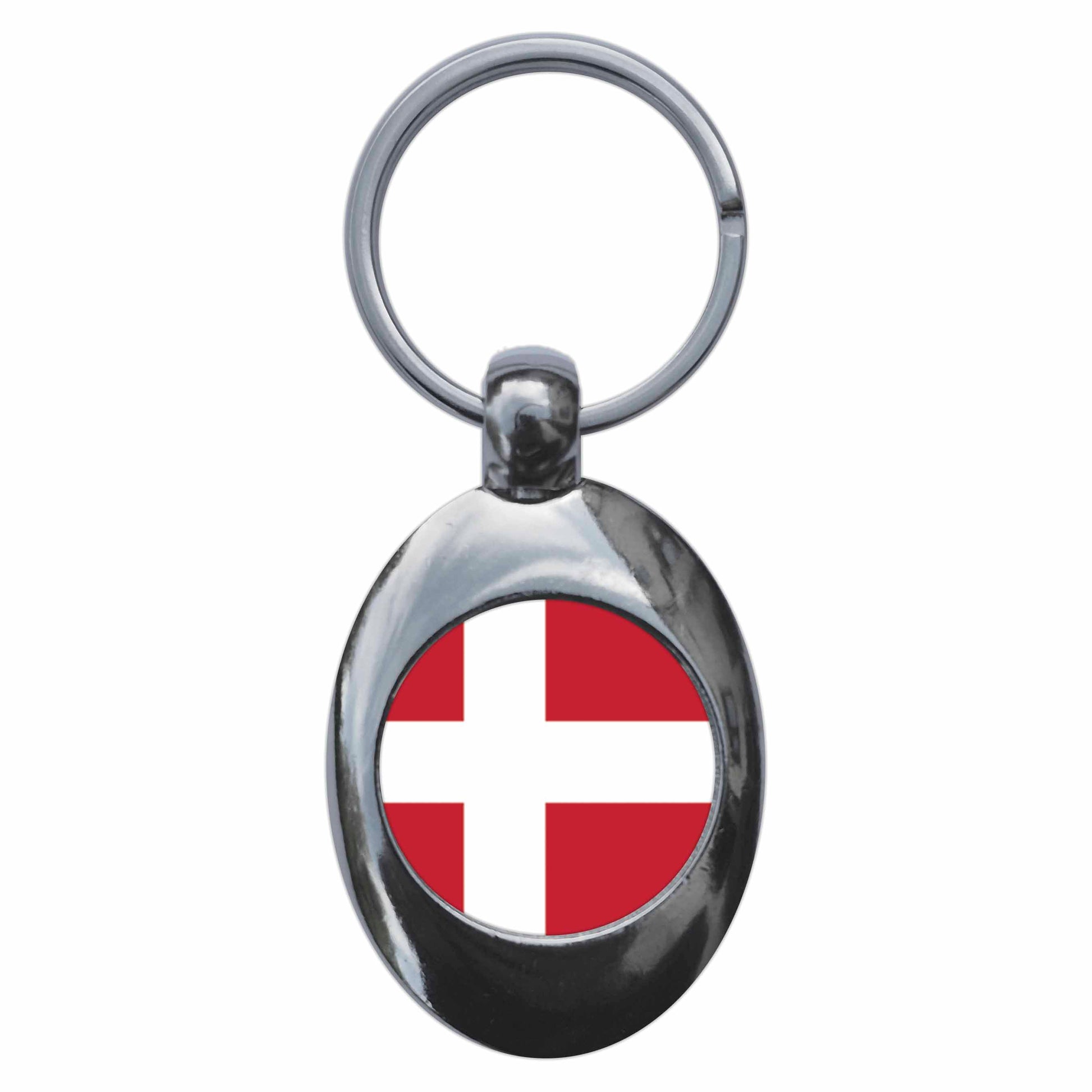 A picture of the front of the product, titled Denmark Danish National Flag Metal Keyring With Trolley Coin