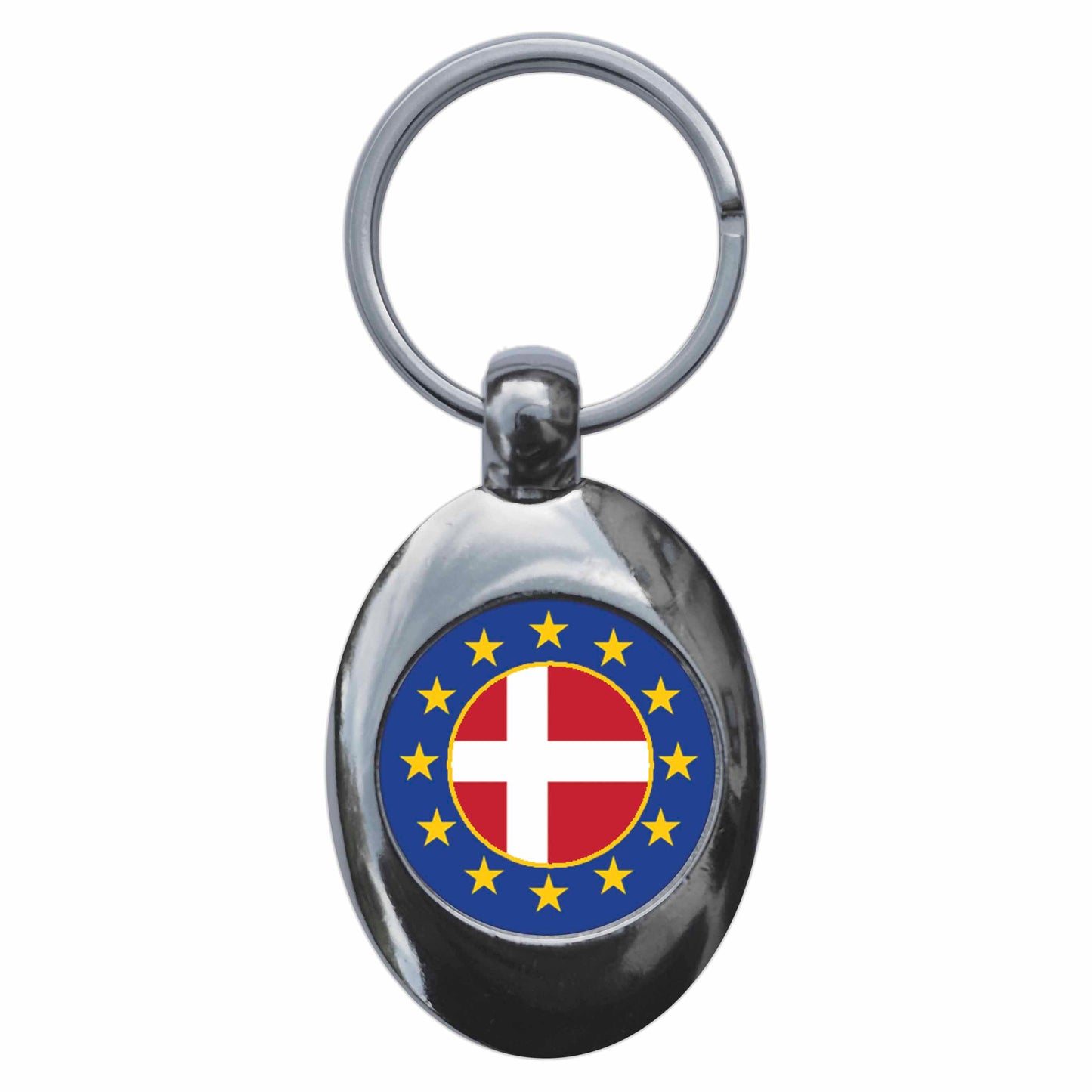 A picture of the front of the product, titled Denmark European Union Split Flag Metal Keyring With Trolley Coin