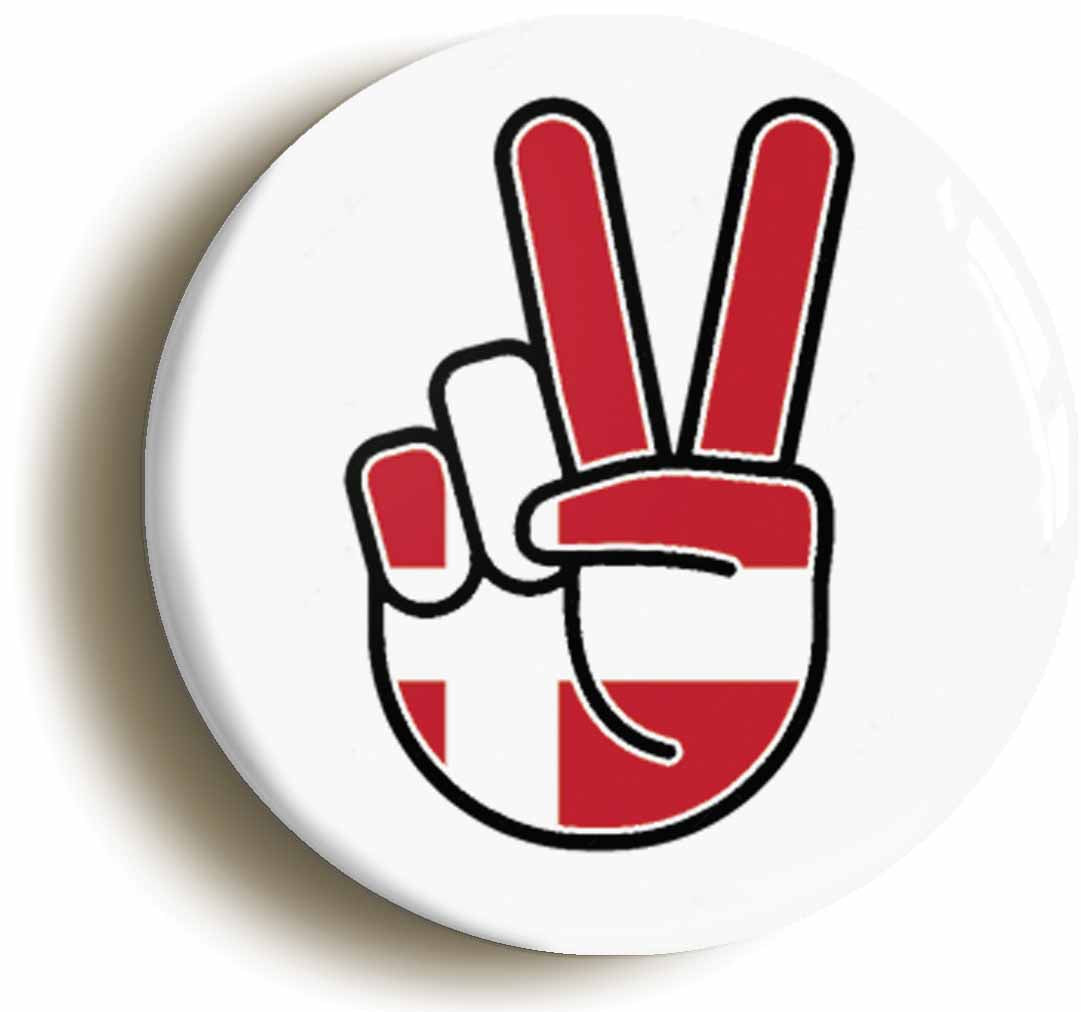 A picture of the front of the product, titled Denmark Danish National Flag Peace Sign V Button Pin Badge