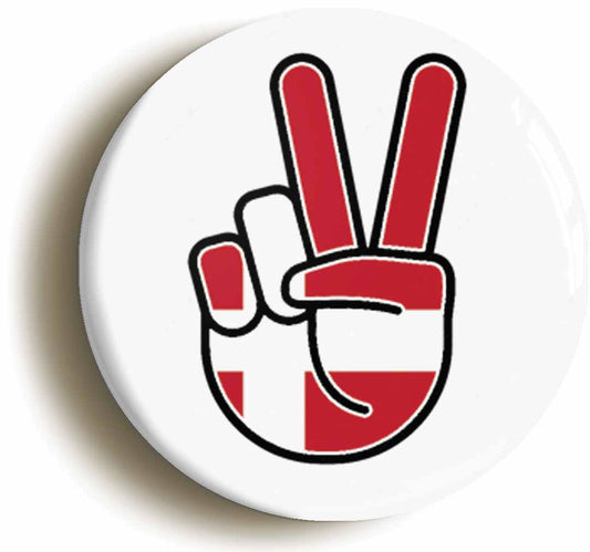 A picture of the front of the product, titled Denmark Danish National Flag Peace Sign V Button Pin Badge