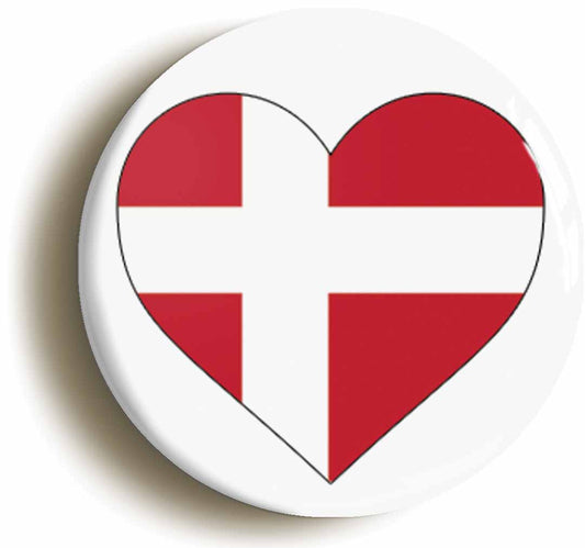 A picture of the front of the product, titled Denmark Danish National Flag Heart Button Pin Badge