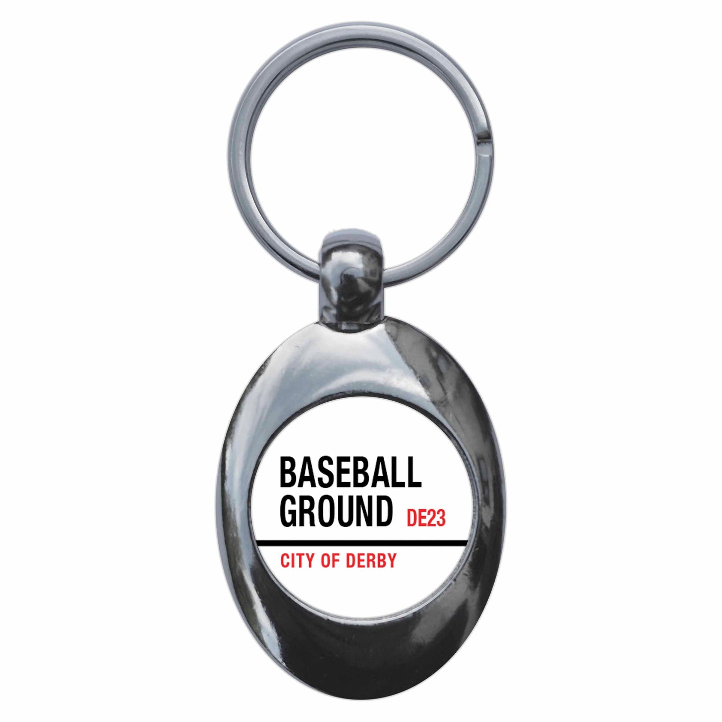 A picture of the front of the product, titled Baseball Ground DE23 City Of Derby Road Sign Metal Keyring With Trolley Coin