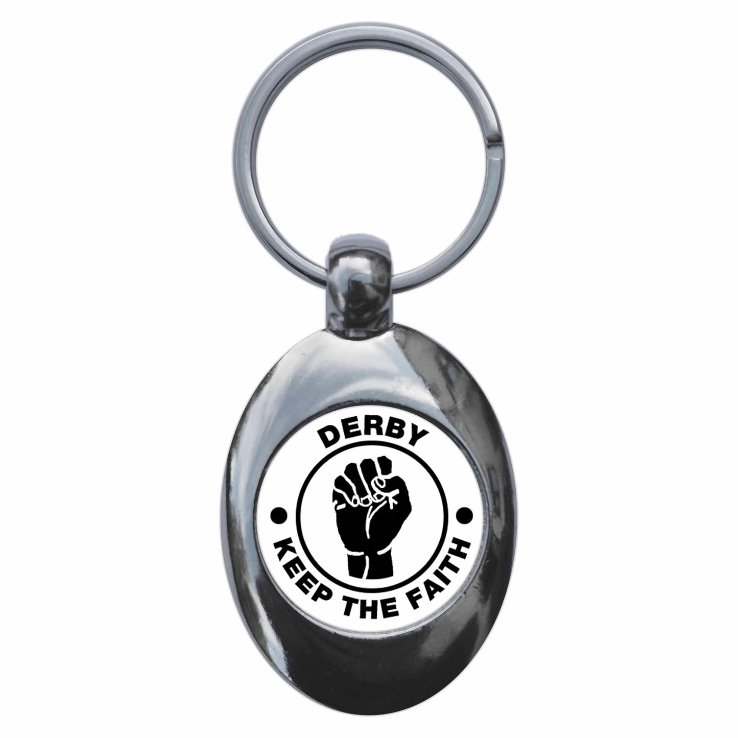 A picture of the front of the product, titled Derby Keep The Faith Northern Soul Metal Keyring With Trolley Coin