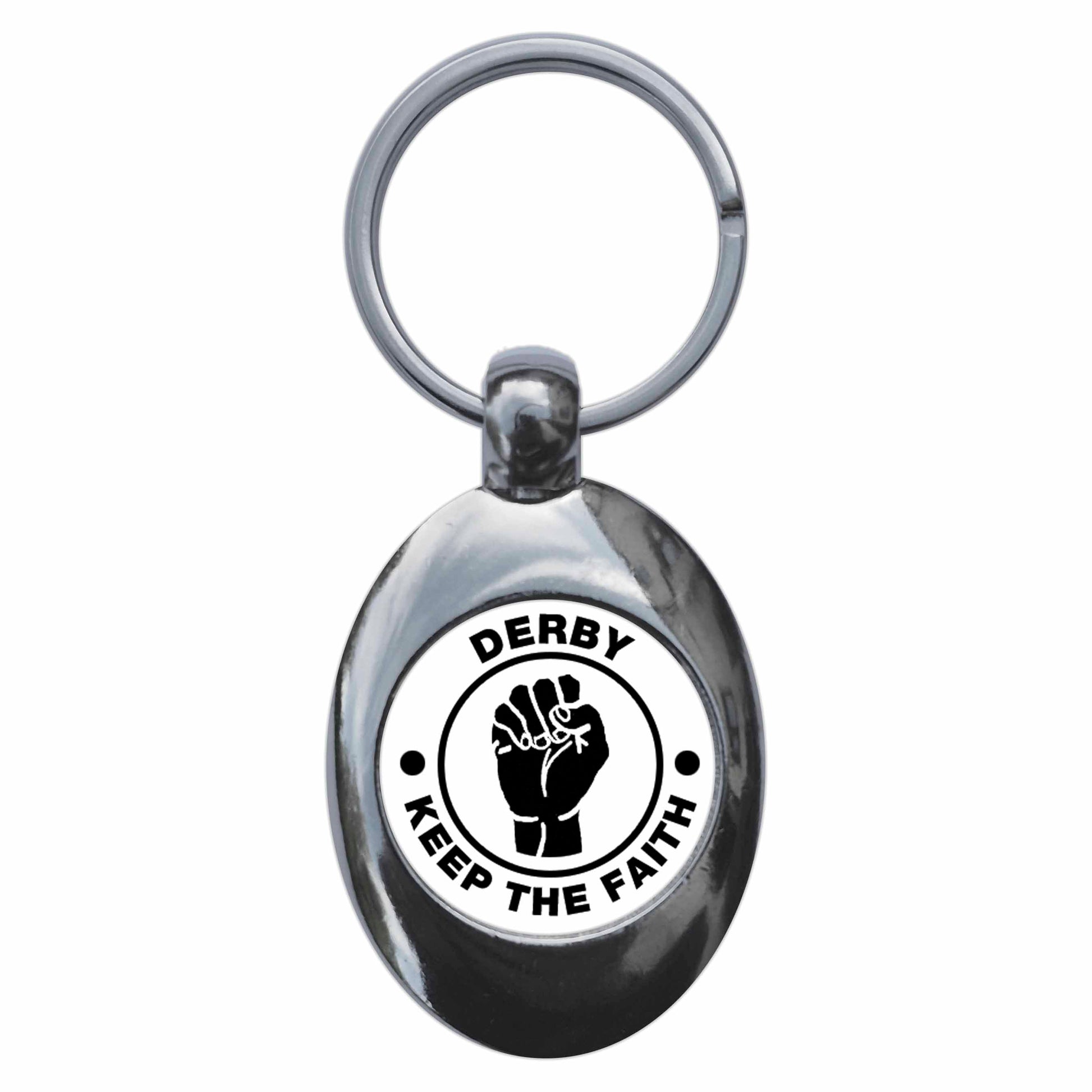 A picture of the front of the product, titled Derby Keep The Faith Northern Soul Metal Keyring With Trolley Coin