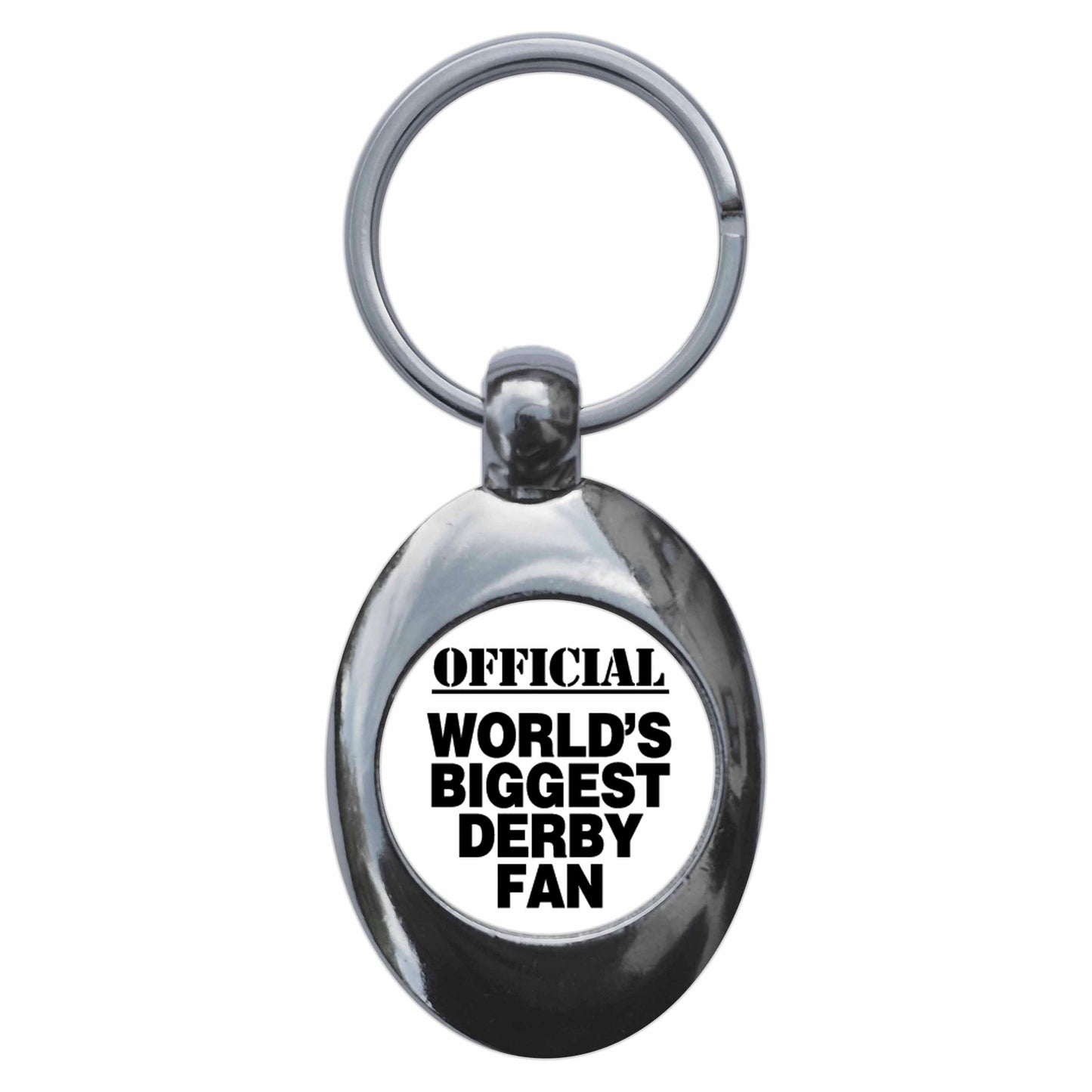 A picture of the front of the product, titled World's Biggest Derby Fan Metal Keyring With Trolley Coin