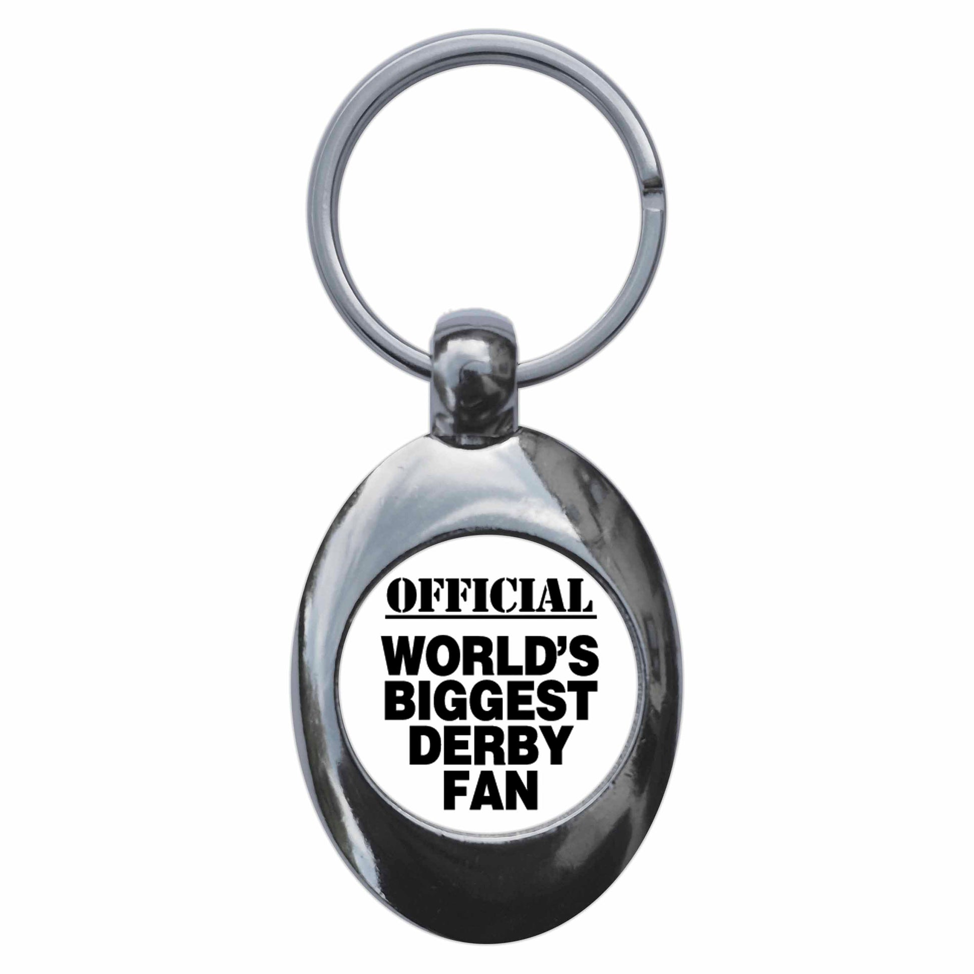 A picture of the front of the product, titled World's Biggest Derby Fan Metal Keyring With Trolley Coin
