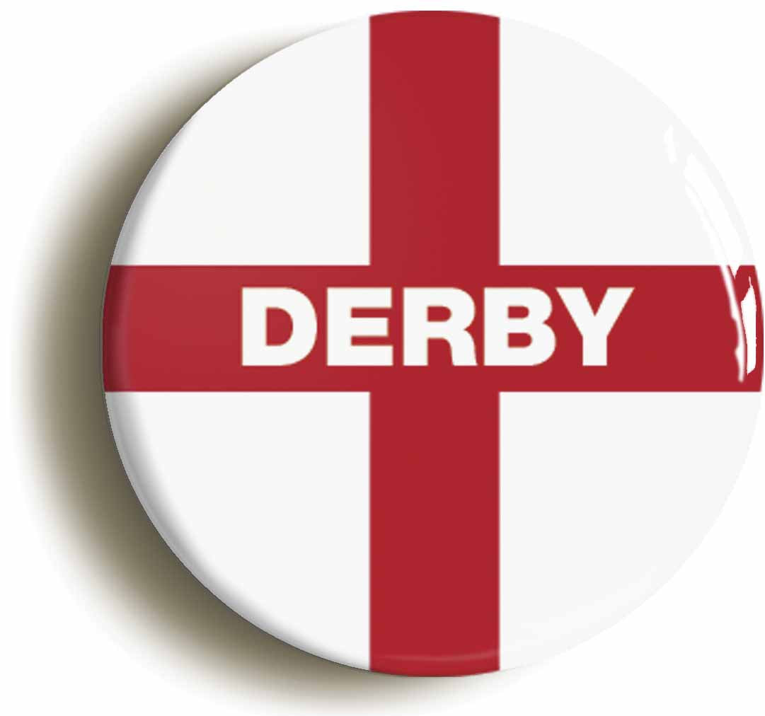 A picture of the front of the product, titled Derby England Flag Circular 50mm Fridge Magnet